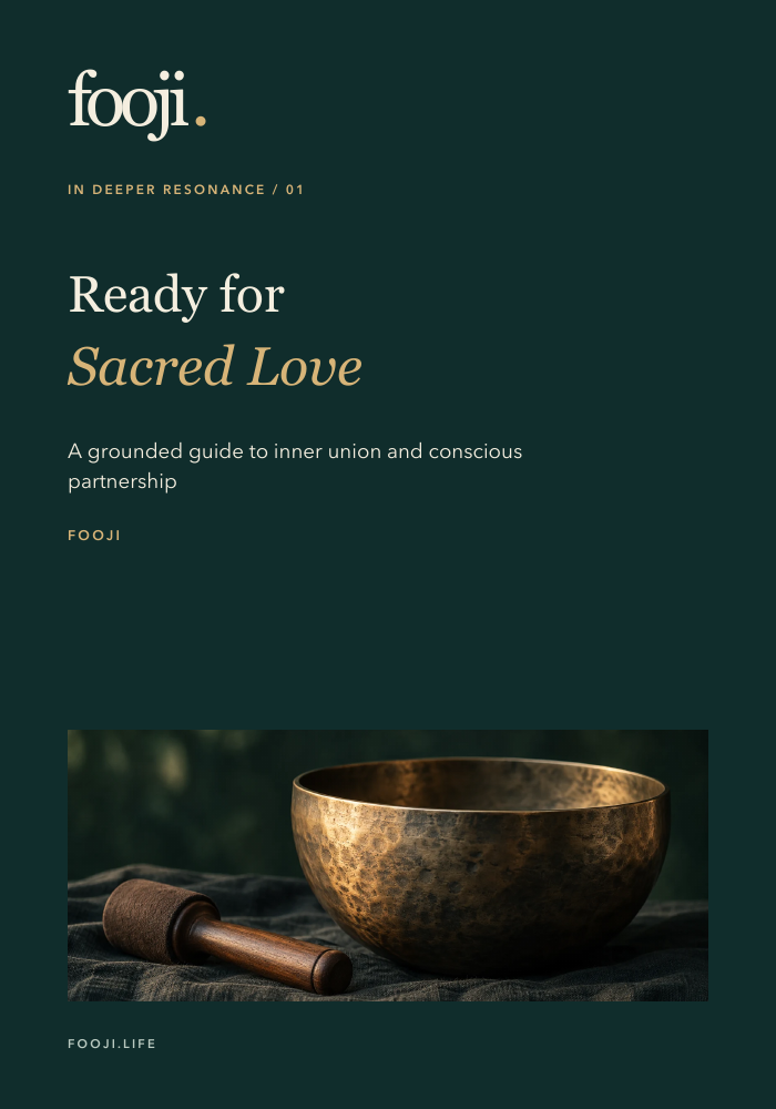 Ready for Sacred Love by FOOJI, forest green and gold cover with a bronze singing bowl