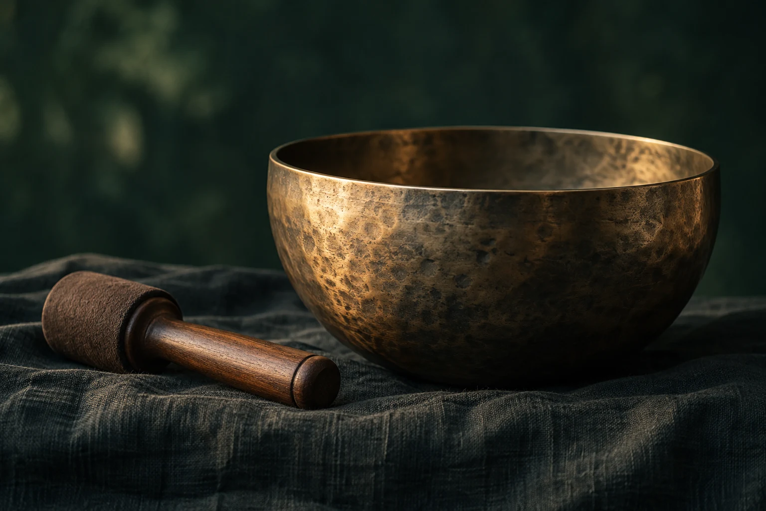 An illustrative bronze singing bowl resting on dark linen