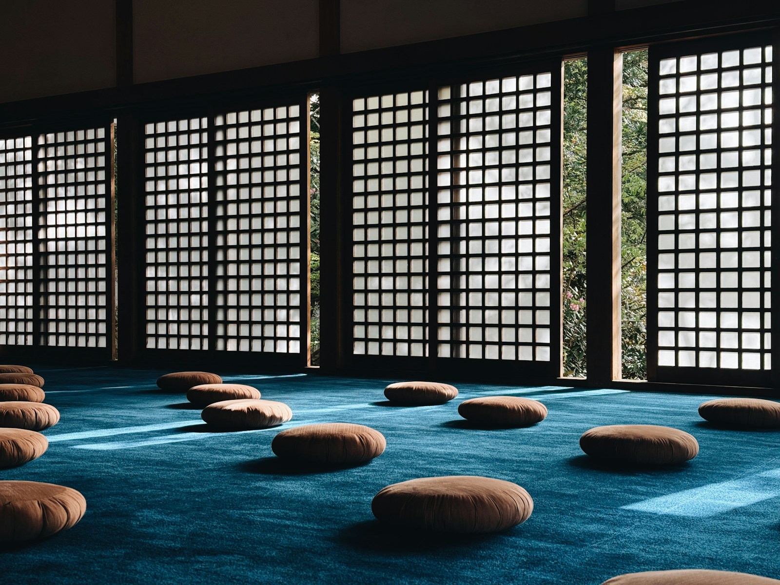 Sunlight through screens in a Japanese room with floor cushions